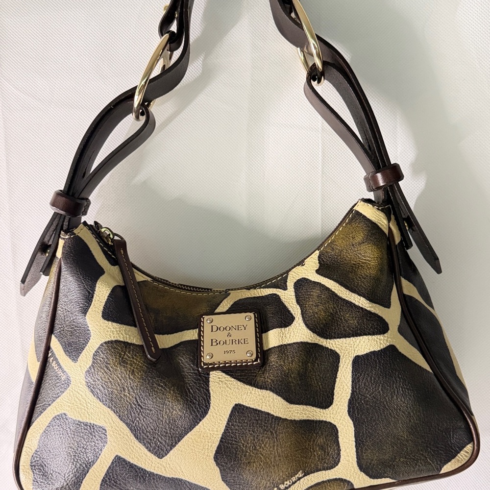 Dooney & Bourke Brown and Cream Giraffe-Print Leather Shoulder Bag - Picture 2 of 15